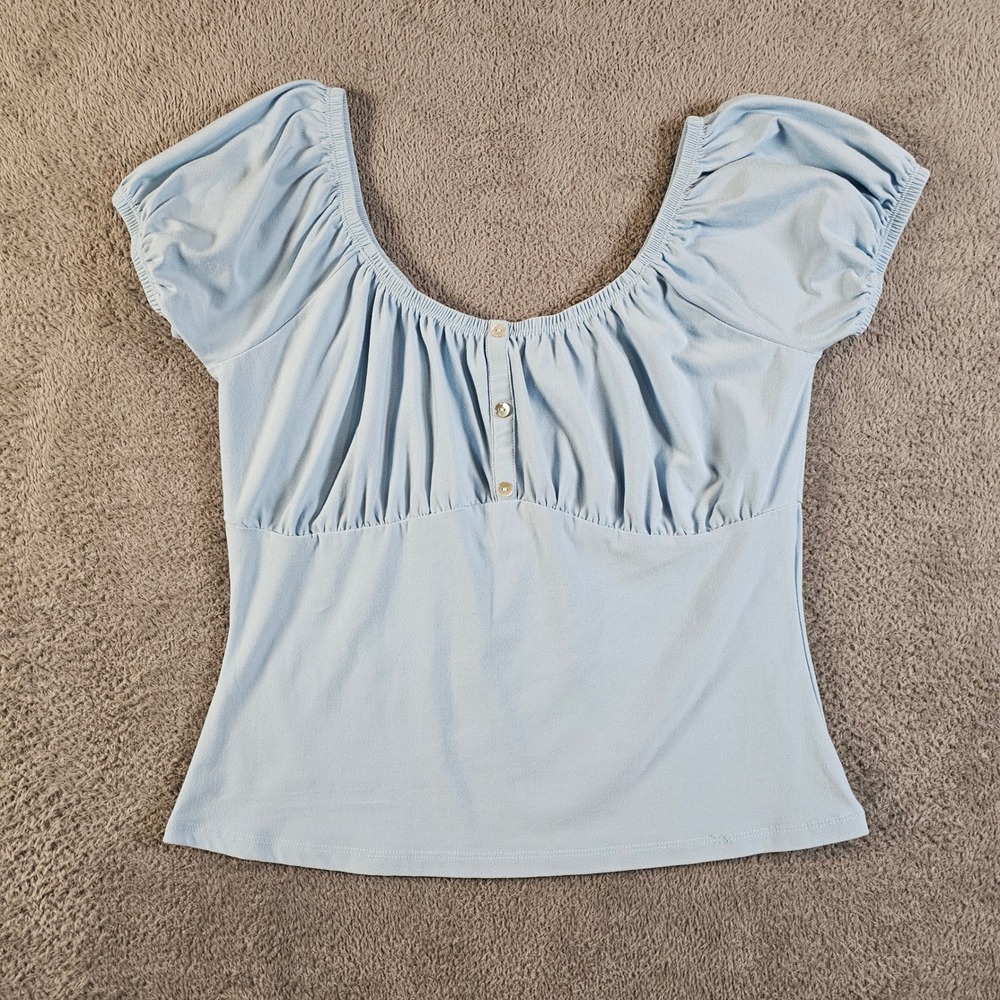 Rue21 Light Blue Milkmaid‎ Top Short Puff Sleeve Gathered Bust Size L